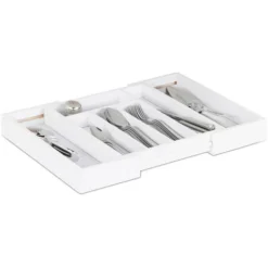 Relaxdays Boîte à Couverts Tiroir, Extensible, Largeur Variable, 5-7 Casiers, Organiseur Bambou, HLP 5x48x33,5cm, Blanc