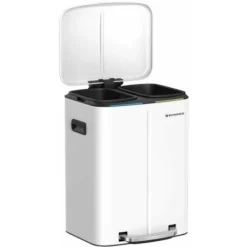 Songmics Double Poubelle, Poubelle De 2 X 20L, Poubelle En Métal Avec Deux Seaux, Seaux Intérieurs En Plastique Et Couvercle à Charnière, Poignée, Fermeture Souple, Hermétique, Blanc LTB40WT