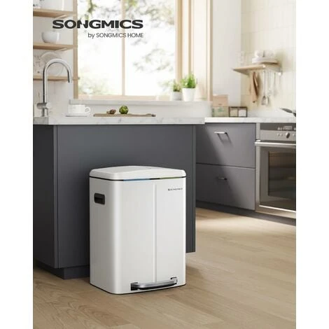 Songmics Double Poubelle, Poubelle De 2 X 20L, Poubelle En Métal Avec Deux Seaux, Seaux Intérieurs En Plastique Et Couvercle à Charnière, Poignée, Fermeture Souple, Hermétique, Blanc LTB40WT 2 Songmics Double Poubelle, Poubelle De 2 X 20L, Poubelle En Métal Avec Deux Seaux, Seaux Intérieurs En Plastique Et Couvercle à Charnière, Poignée, Fermeture Souple, Hermétique, Blanc LTB40WT – Image 2