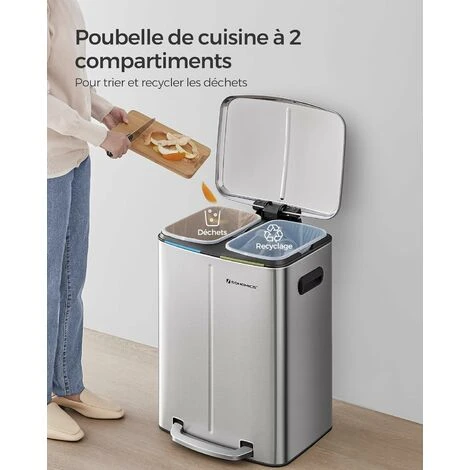 Songmics Double Poubelle, Poubelle De 2 X 20L, Poubelle En Métal Avec Deux Seaux, Seaux Intérieurs En Plastique Et Couvercle à Charnière, Poignée, Fermeture Souple, Hermétique, Blanc LTB40WT 3 Songmics Double Poubelle, Poubelle De 2 X 20L, Poubelle En Métal Avec Deux Seaux, Seaux Intérieurs En Plastique Et Couvercle à Charnière, Poignée, Fermeture Souple, Hermétique, Blanc LTB40WT – Image 3