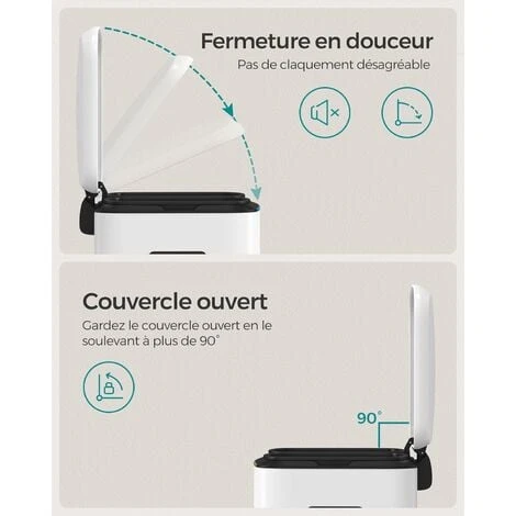Songmics Double Poubelle, Poubelle De 2 X 20L, Poubelle En Métal Avec Deux Seaux, Seaux Intérieurs En Plastique Et Couvercle à Charnière, Poignée, Fermeture Souple, Hermétique, Blanc LTB40WT 4 Songmics Double Poubelle, Poubelle De 2 X 20L, Poubelle En Métal Avec Deux Seaux, Seaux Intérieurs En Plastique Et Couvercle à Charnière, Poignée, Fermeture Souple, Hermétique, Blanc LTB40WT – Image 4