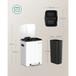 Songmics Double Poubelle, Poubelle De 2 X 20L, Poubelle En Métal Avec Deux Seaux, Seaux Intérieurs En Plastique Et Couvercle à Charnière, Poignée, Fermeture Souple, Hermétique, Blanc LTB40WT 9 Songmics Double Poubelle, Poubelle De 2 X 20L, Poubelle En Métal Avec Deux Seaux, Seaux Intérieurs En Plastique Et Couvercle à Charnière, Poignée, Fermeture Souple, Hermétique, Blanc LTB40WT -Promos Gout Cuisine Boutique 11644549 5