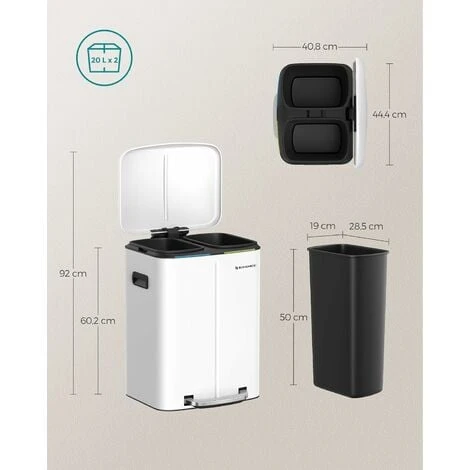 Songmics Double Poubelle, Poubelle De 2 X 20L, Poubelle En Métal Avec Deux Seaux, Seaux Intérieurs En Plastique Et Couvercle à Charnière, Poignée, Fermeture Souple, Hermétique, Blanc LTB40WT 5 Songmics Double Poubelle, Poubelle De 2 X 20L, Poubelle En Métal Avec Deux Seaux, Seaux Intérieurs En Plastique Et Couvercle à Charnière, Poignée, Fermeture Souple, Hermétique, Blanc LTB40WT – Image 5