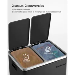 Songmics Poubelle En Métal 30L, Poubelle à Double Compartiment 2 X 15L, Avec Seaux Intérieurs Et Poignées, Fermeture En Douceur, Hermétique, Noir LTB30BK -Promos Gout Cuisine Boutique 16700781 3