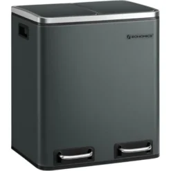 Songmics Poubelle En Métal 30L, Poubelle à Double Compartiment 2 X 15L, Avec Seaux Intérieurs Et Poignées, Fermeture En Douceur, Hermétique, Gris Anthracite LTB30GS