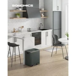 Songmics Poubelle En Métal 30L, Poubelle à Double Compartiment 2 X 15L, Avec Seaux Intérieurs Et Poignées, Fermeture En Douceur, Hermétique, Gris Anthracite LTB30GS -Promos Gout Cuisine Boutique 16700784 3