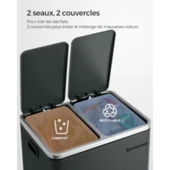 Songmics Poubelle En Métal 30L, Poubelle à Double Compartiment 2 X 15L, Avec Seaux Intérieurs Et Poignées, Fermeture En Douceur, Hermétique, Gris Anthracite LTB30GS -Promos Gout Cuisine Boutique 16700784 4