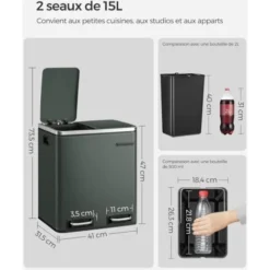 Songmics Poubelle En Métal 30L, Poubelle à Double Compartiment 2 X 15L, Avec Seaux Intérieurs Et Poignées, Fermeture En Douceur, Hermétique, Gris Anthracite LTB30GS -Promos Gout Cuisine Boutique 16700784 5