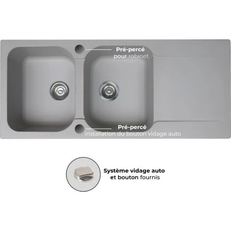 Lisse évier Réversible 2 Cuves 1 égouttoir En Résine Gris 2 Lisse évier Réversible 2 Cuves 1 égouttoir En Résine Gris – Image 2