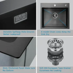 CECIPA Evier Cuisine 1 Bac Évier Inox 1 Cuve Avec Siphon Et Trop-Plein Évier De Cuisine En Couleur Anthracite Noir 50×45×18.5CM (Sans Distributeur De Savon) -Promos Gout Cuisine Boutique 23425784 4