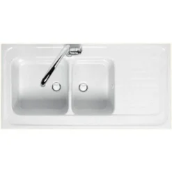 Evier Céramique Blanc EWI IRÈNE à Poser 2 Bacs 1 égouttoir