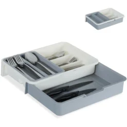 Relaxdays Range Couverts Extensible,7 Casiers, Couvert Et Ustensiles De Cuisine, Plastique, HlP 6 X 23,5x31,5cm,gris