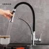 XICHAO - Robinet De Cuisine, Flexible Bec Pivotant à 360° Et Tuyau En Silicone Noir Mitigeur Cuisine, Avec Douchette Extractible Et Pulvérisateur Double Fonction, Froid & Chaud Disponible, Laiton Chro