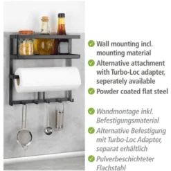 WENKO Etagère Cuisine Multifonction Gala, Etagère Métal Noir Avec Distributeur Sopalin Mural Et Crochets Suspension Ustensiles De Cuisine, Métal, 30x33x9 Cm, Noir -Promos Gout Cuisine Boutique 32804426 4