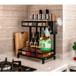 Étagère à Epice - 2 Niveaux - Stockage D'assaisonnement Acier Inoxydable - 34*21*41.7cm - Noir