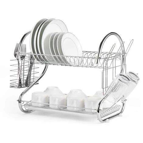 Égouttoir à Vaisselle 2 étages Porte-couverts Bac De Récupération Crochets Pour Tasses Et Assiettes En Métal 1 Égouttoir à Vaisselle 2 étages Porte-couverts Bac De Récupération Crochets Pour Tasses Et Assiettes En Métal