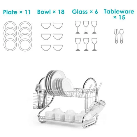 Égouttoir à Vaisselle 2 étages Porte-couverts Bac De Récupération Crochets Pour Tasses Et Assiettes En Métal 2 Égouttoir à Vaisselle 2 étages Porte-couverts Bac De Récupération Crochets Pour Tasses Et Assiettes En Métal – Image 2