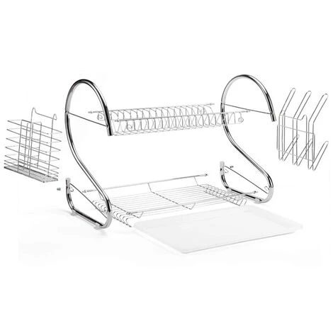 Égouttoir à Vaisselle 2 étages Porte-couverts Bac De Récupération Crochets Pour Tasses Et Assiettes En Métal 3 Égouttoir à Vaisselle 2 étages Porte-couverts Bac De Récupération Crochets Pour Tasses Et Assiettes En Métal – Image 3