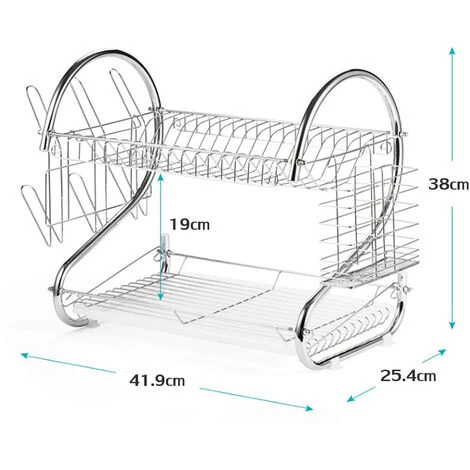 Égouttoir à Vaisselle 2 étages Porte-couverts Bac De Récupération Crochets Pour Tasses Et Assiettes En Métal 4 Égouttoir à Vaisselle 2 étages Porte-couverts Bac De Récupération Crochets Pour Tasses Et Assiettes En Métal – Image 4
