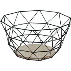 Relaxdays Corbeille à Fruits, Panier Décoratif, Légumes, Fer & Bois, Design Industriel, HxLxP : 14,5x28x28 Cm, Noir