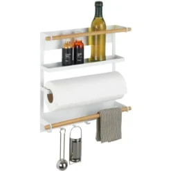 WENKO Etagère Magnétique Réfrigérateur Magna, Avec étagère Porte épice, Dérouleur Sopalin Magnétique Et Crochets Suspension Ustensiles De Cuisine, Métal - Bambou, 33x34x8 Cm, Blanc