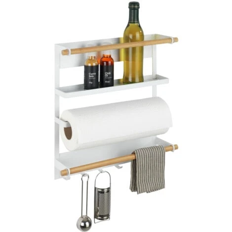 WENKO Etagère Magnétique Réfrigérateur Magna, Avec étagère Porte épice, Dérouleur Sopalin Magnétique Et Crochets Suspension Ustensiles De Cuisine, Métal - Bambou, 33x34x8 Cm, Blanc 1 WENKO Etagère Magnétique Réfrigérateur Magna, Avec étagère Porte épice, Dérouleur Sopalin Magnétique Et Crochets Suspension Ustensiles De Cuisine, Métal - Bambou, 33x34x8 Cm, Blanc