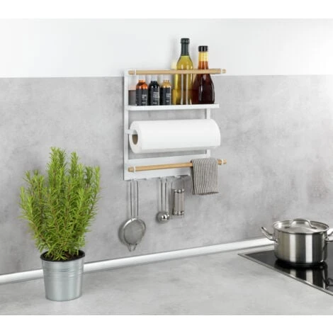 WENKO Etagère Magnétique Réfrigérateur Magna, Avec étagère Porte épice, Dérouleur Sopalin Magnétique Et Crochets Suspension Ustensiles De Cuisine, Métal - Bambou, 33x34x8 Cm, Blanc 5 WENKO Etagère Magnétique Réfrigérateur Magna, Avec étagère Porte épice, Dérouleur Sopalin Magnétique Et Crochets Suspension Ustensiles De Cuisine, Métal - Bambou, 33x34x8 Cm, Blanc – Image 5