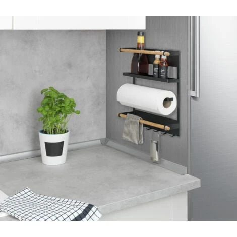 WENKO Etagère Magnétique Réfrigérateur Magna, Avec étagère Porte épice, Dérouleur Sopalin Magnétique Et Crochets Suspension Ustensiles De Cuisine, Métal - Bambou, 33x34x8 Cm, Noir 2 WENKO Etagère Magnétique Réfrigérateur Magna, Avec étagère Porte épice, Dérouleur Sopalin Magnétique Et Crochets Suspension Ustensiles De Cuisine, Métal - Bambou, 33x34x8 Cm, Noir – Image 2