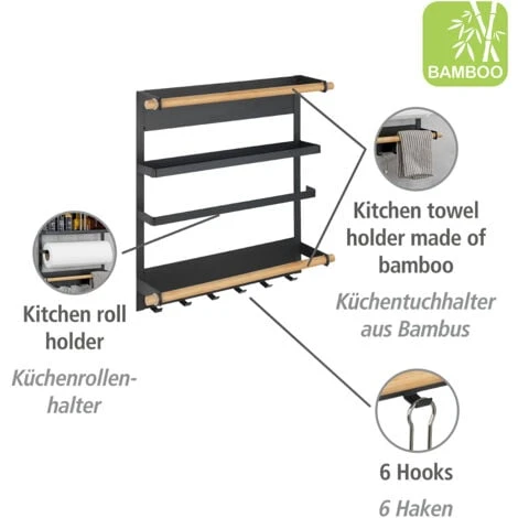 WENKO Etagère Magnétique Réfrigérateur Magna, Avec étagère Porte épice, Dérouleur Sopalin Magnétique Et Crochets Suspension Ustensiles De Cuisine, Métal - Bambou, 33x34x8 Cm, Noir 4 WENKO Etagère Magnétique Réfrigérateur Magna, Avec étagère Porte épice, Dérouleur Sopalin Magnétique Et Crochets Suspension Ustensiles De Cuisine, Métal - Bambou, 33x34x8 Cm, Noir – Image 4