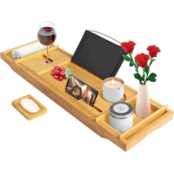 Plateau De Baignoire, Etagère à Baignoire En Bois, Avec 2 Supports Amovibles Et Porte-savon, Tissu Noir, Matériau: Bambou