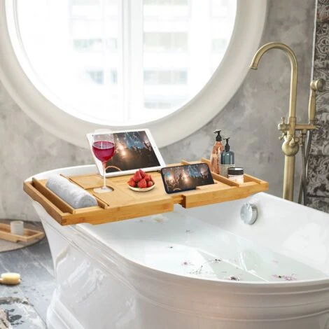 Plateau De Baignoire, Etagère à Baignoire En Bois, Avec 2 Supports Amovibles Et Porte-savon, Tissu Noir, Matériau: Bambou 2 Plateau De Baignoire, Etagère à Baignoire En Bois, Avec 2 Supports Amovibles Et Porte-savon, Tissu Noir, Matériau: Bambou – Image 2