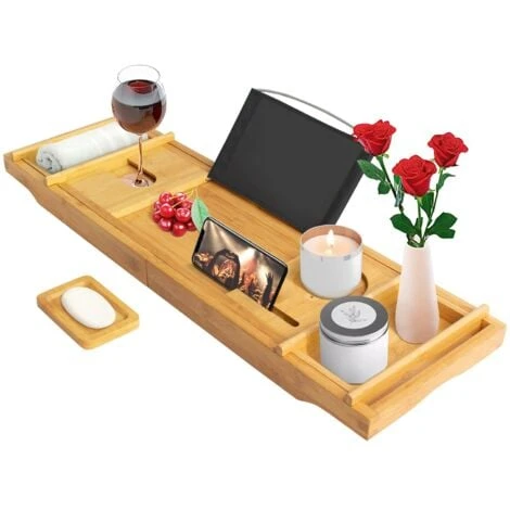Plateau De Baignoire, Etagère à Baignoire En Bois, Avec 2 Supports Amovibles Et Porte-savon, Tissu Noir, Matériau: Bambou 3 Plateau De Baignoire, Etagère à Baignoire En Bois, Avec 2 Supports Amovibles Et Porte-savon, Tissu Noir, Matériau: Bambou – Image 3