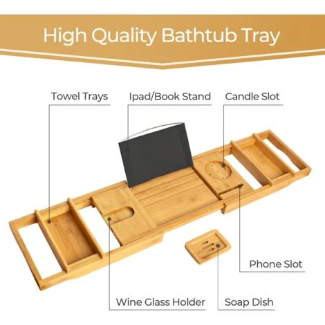 Plateau De Baignoire, Etagère à Baignoire En Bois, Avec 2 Supports Amovibles Et Porte-savon, Tissu Noir, Matériau: Bambou 4 Plateau De Baignoire, Etagère à Baignoire En Bois, Avec 2 Supports Amovibles Et Porte-savon, Tissu Noir, Matériau: Bambou – Image 4