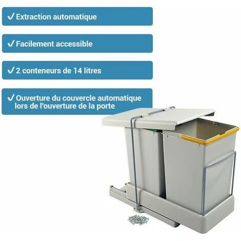 Poubelle De Recyclage EMUCA 8077221, Fixation Inférieure, Extraction Et Couvercle Automatique, 2 Grands Conteneurs De 14 Litres, Plastique Gris 2 Poubelle De Recyclage EMUCA 8077221, Fixation Inférieure, Extraction Et Couvercle Automatique, 2 Grands Conteneurs De 14 Litres, Plastique Gris – Image 2