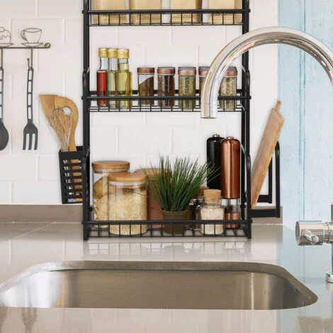 Relaxdays Etagère De Cuisine Plaque De Travail, 3 Niveaux, Support Planchettes Et Couvert, Pour épices, En Métal, Noir 5 Relaxdays Etagère De Cuisine Plaque De Travail, 3 Niveaux, Support Planchettes Et Couvert, Pour épices, En Métal, Noir – Image 5