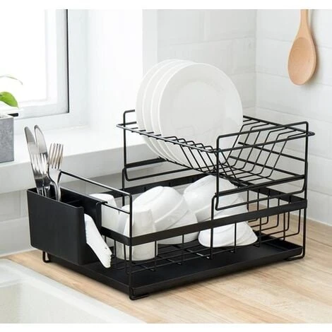 Aqrau Egouttoir Vaisselle Double Niveau Couverts Cuisine Rangement Métal Chromé - Noir 1 Aqrau Egouttoir Vaisselle Double Niveau Couverts Cuisine Rangement Métal Chromé - Noir
