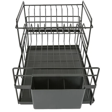 Aqrau Egouttoir Vaisselle Double Niveau Couverts Cuisine Rangement Métal Chromé - Noir 2 Aqrau Egouttoir Vaisselle Double Niveau Couverts Cuisine Rangement Métal Chromé - Noir – Image 2