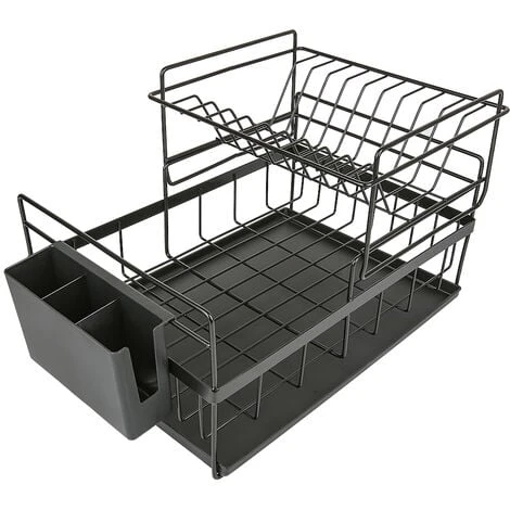 Aqrau Egouttoir Vaisselle Double Niveau Couverts Cuisine Rangement Métal Chromé - Noir 3 Aqrau Egouttoir Vaisselle Double Niveau Couverts Cuisine Rangement Métal Chromé - Noir – Image 3