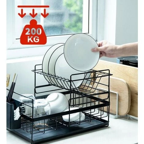 Aqrau Egouttoir Vaisselle Double Niveau Couverts Cuisine Rangement Métal Chromé - Noir 5 Aqrau Egouttoir Vaisselle Double Niveau Couverts Cuisine Rangement Métal Chromé - Noir – Image 5