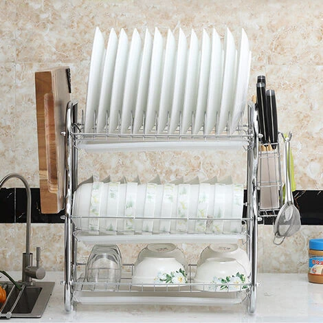 égouttoir à Vaisselle à 3 étages En Metal Avec Porte Couverts Support Pour Planche à Découper,Porte Couteau,Plateau D'égouttage Blanc 4 égouttoir à Vaisselle à 3 étages En Metal Avec Porte Couverts Support Pour Planche à Découper,Porte Couteau,Plateau D'égouttage Blanc – Image 4