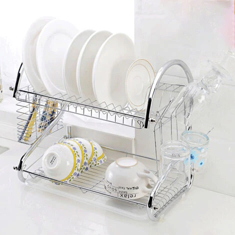 égouttoir à Vaisselle à 2 étages En Metal Avec Porte Couverts,Porte Gobelet,Porte Couteau Plateau D'égouttage Blanc 2 égouttoir à Vaisselle à 2 étages En Metal Avec Porte Couverts,Porte Gobelet,Porte Couteau Plateau D'égouttage Blanc – Image 2