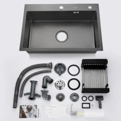 Lonheo Évier Cuisine 1 Bac 68x45x19CM Évier à Encastrer En Acier Inox 201 Avec Distrubuteur De Savon Et Égouttoir Panier, Noir -Promos Gout Cuisine Boutique 44638587 5