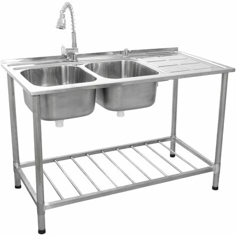 Evier Professionnel /Plonge Sur Pied à Doubles Bacs En Acier Inoxydable Avec Etagère De Rangement Inférieure Et Robinet – Egouttoir à Droite 2 Evier Professionnel /Plonge Sur Pied à Doubles Bacs En Acier Inoxydable Avec Etagère De Rangement Inférieure Et Robinet – Egouttoir à Droite – Image 2