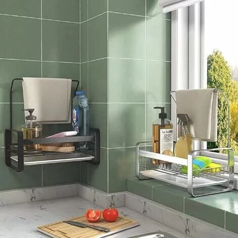 GrooFoo Porte Eponge D'Evier Inoxydable Avec Porte-Serviettes,Panneau Amovible Pour Ranger Brosses à Vaisselle,éponges à Vaisselle Et Liquide Vaisselle – Noir 2 GrooFoo Porte Eponge D'Evier Inoxydable Avec Porte-Serviettes,Panneau Amovible Pour Ranger Brosses à Vaisselle,éponges à Vaisselle Et Liquide Vaisselle – Noir – Image 2