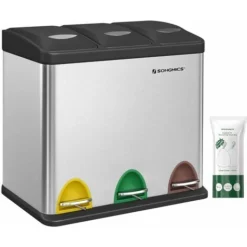 Songmics Poubelle De Recyclage, Poubelle à Pédales 3-en-1, Poubelle 24 Litres En Métal, Pour Cuisine, Durable, Facile à Nettoyer, Argent Et Noir LTB24L