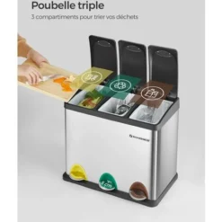 Songmics Poubelle De Recyclage, Poubelle à Pédales 3-en-1, Poubelle 24 Litres En Métal, Pour Cuisine, Durable, Facile à Nettoyer, Argent Et Noir LTB24L -Promos Gout Cuisine Boutique 53082272 3