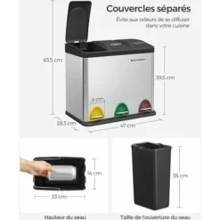 Songmics Poubelle De Recyclage, Poubelle à Pédales 3-en-1, Poubelle 24 Litres En Métal, Pour Cuisine, Durable, Facile à Nettoyer, Argent Et Noir LTB24L -Promos Gout Cuisine Boutique 53082272 5