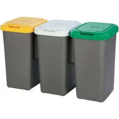 Recyclage Bin 3 Compartiments, 75 Litres, Dimensions: 78.5 (largeur) X 33 (profond) X 47,5 (haut) CMS - Plastique - Multicolore