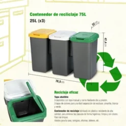 Recyclage Bin 3 Compartiments, 75 Litres, Dimensions: 78.5 (largeur) X 33 (profond) X 47,5 (haut) CMS - Plastique - Multicolore -Promos Gout Cuisine Boutique 55402153 4