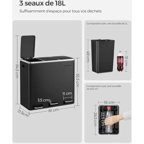Poubelle Tri Sélectif 3 Bacs, 3 X 18L, Poubelle 3 Compartiments, Couvercle à Fermeture Lente, Avec Seaux Intérieurs Et Poignées, Pour Cuisine, Noir LTB54BK Par SONGMICS 5 Poubelle Tri Sélectif 3 Bacs, 3 X 18L, Poubelle 3 Compartiments, Couvercle à Fermeture Lente, Avec Seaux Intérieurs Et Poignées, Pour Cuisine, Noir LTB54BK Par SONGMICS – Image 5